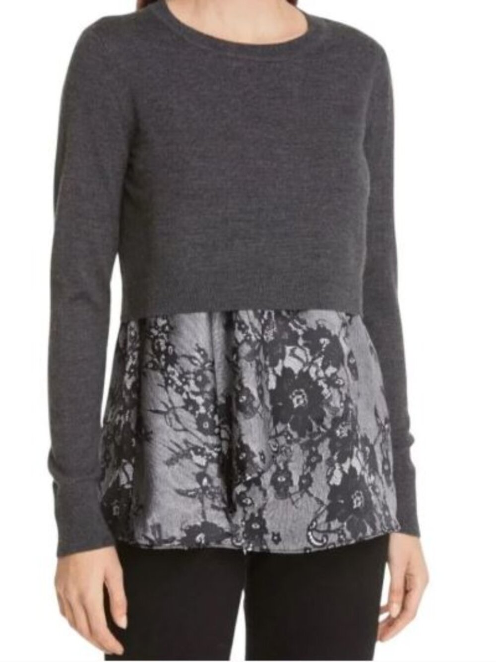 Club Monaco Claribel Layered Look Floral Merino Wool Sweater Charcoal Size M